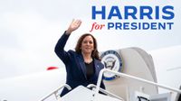 Kamala Harris on a plane, with her logo 