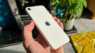 Hand holding an Apple iPhone SE 2022, , one of the best iPhones for photography, in a garden